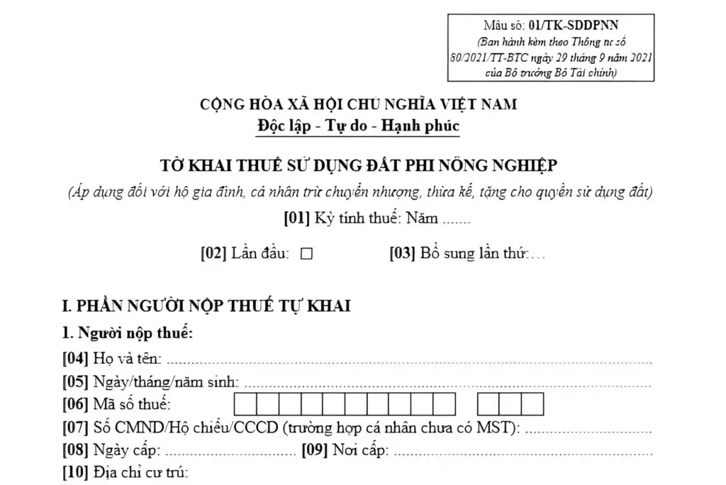 Mẫu số 01 - Tờ khai thuế sử dụng đất phi nông nghiệp - ACC HCM