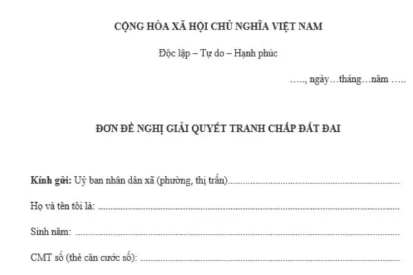 Mẫu đơn đề nghị giải quyết tranh chấp đất đai mới nhất