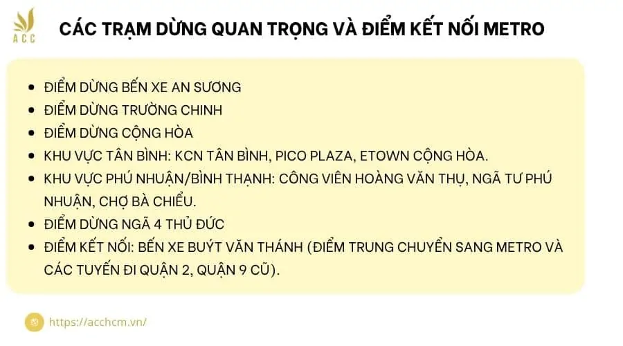 Các trạm dừng quan trọng và điểm kết nối Metro