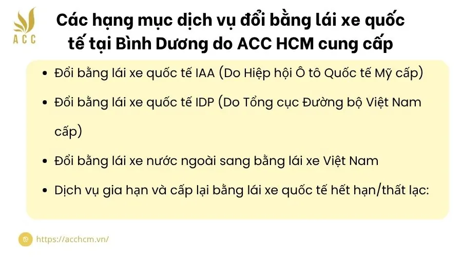 Các hạng mục dịch vụ đổi bằng lái xe quốc tế tại Bình Dương do ACC HCM cung cấp