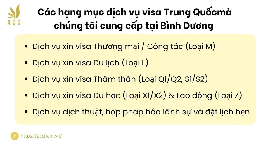 Các hạng mục dịch vụ visa Trung Quốcmà chúng tôi cung cấp tại Bình Dương