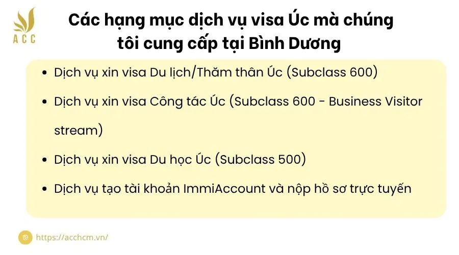 Các hạng mục dịch vụ visa Úc mà chúng tôi cung cấp tại Bình Dương